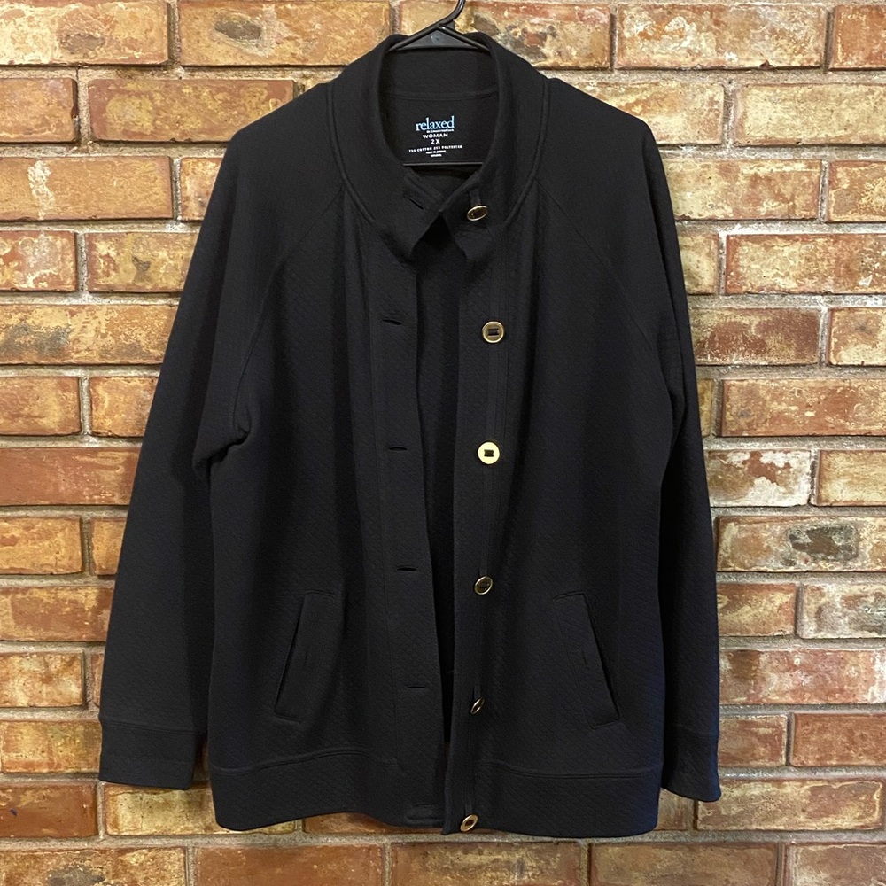 Charter Club Black Bomber Jacket with Gold Tone Buttons